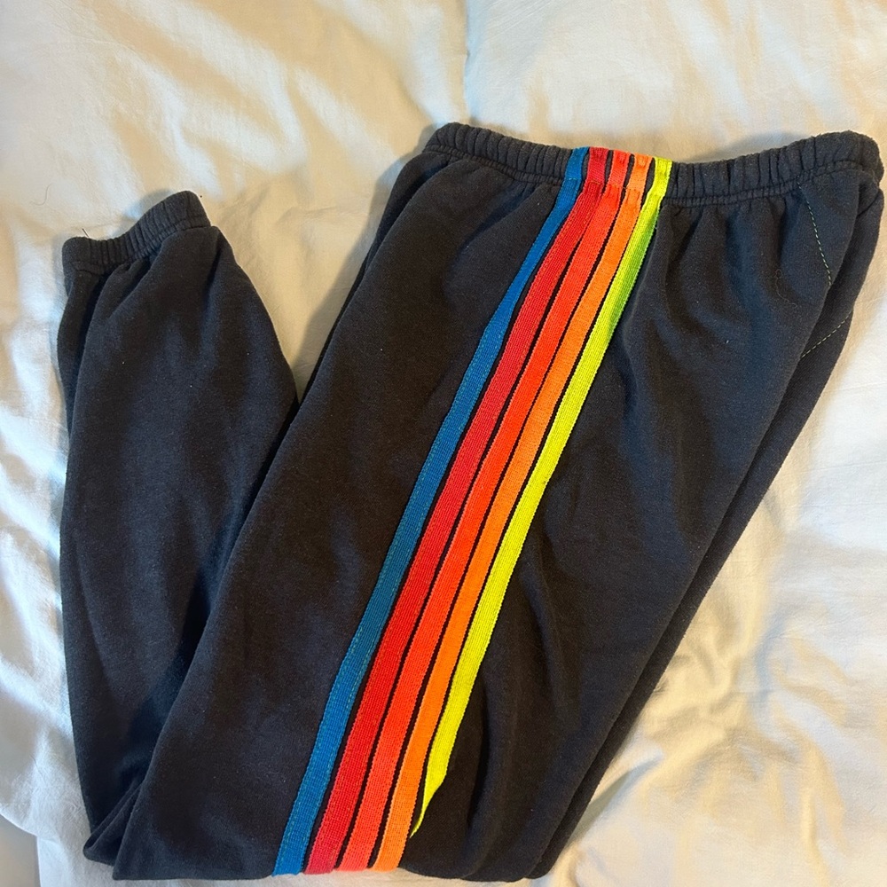 Aviator Nation dark gray and neon stripe joggers